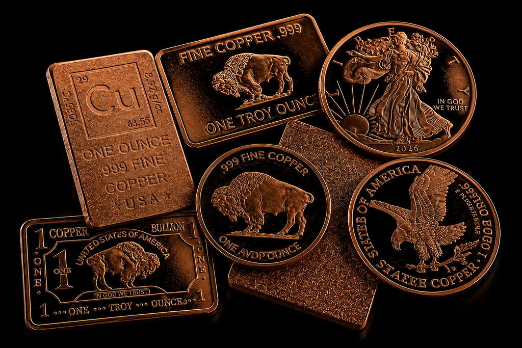 1 Troy Oz Stamped Copper Bullion Coins & Bars